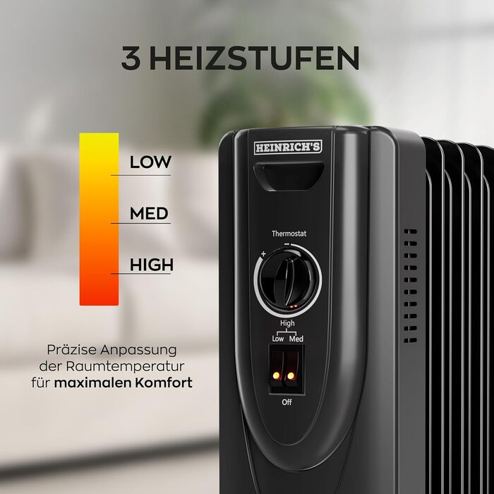 Електричний масляний радіатор Heinrich з 13 ребрами, 2500W, з вентилятором, терморегулятором, захистом від перегріву та нахилу, чорний
