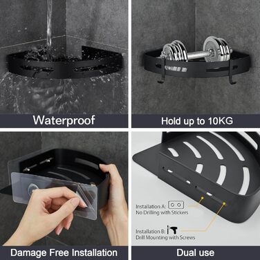 Дзеркальна поличка для душу Gricol без свердління, з гачками, чорна | Кухонна та ванна поличка