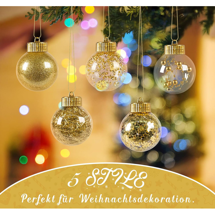 40 шт. прозорих новорічних кулі з кришкою, 6 см, кулі для ялинки з 5 різними золотими внутрішніми дизайнами, пластикові кулі для ялинки, вікна, внутрішнього та зовнішнього декору