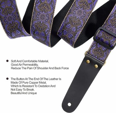 Гітарний ремінь Nefelibata Vintage з вишивкою, з натуральною шкіряною обробкою. Підходить для бас-гітари, електрогітари та акустичної гітари. У комплекті: кнопка для ременя, 2 фіксатори та 4 медіатори. Колір: аметистовий (#lila)