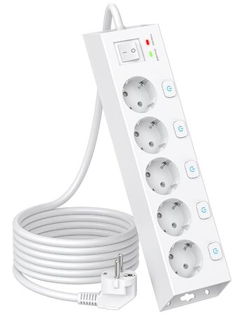 Мережевий фільтр Steckdoseleiste 5-fach з вимикачами, захистом від перенапруги 1050J, для дому та офісу, білий, кабель 2м