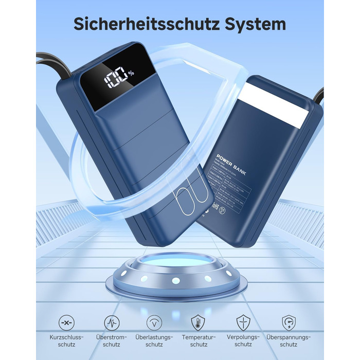 Power Bank 60000mAh 22,5W USB-C, Зовнішній акумулятор для смартфонів, планшетів, блакитний (Perlblau X-Large)