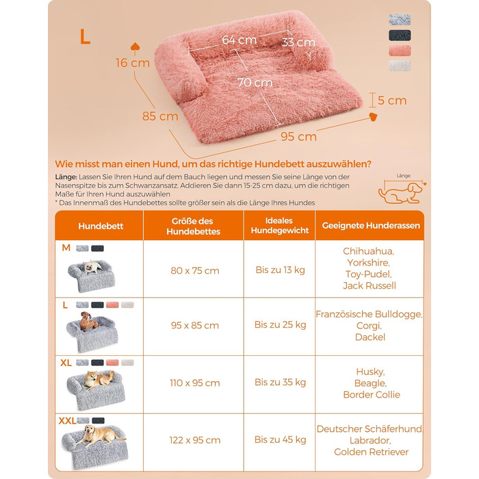 Feandrea FluffyHug Dog Bed, Plush, Dog Blanket Sofa, Sofa Protector Dog, Dog Cushion, Size M, for small and medium-sized dogs, 80 x 75 x 16 cm, PGW221G02 (L 95 x W 85 x H 16 cm, Pink)