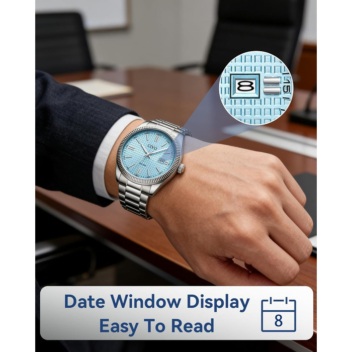 Чоловічий годинник CIVO з нержавіючої сталі: аналоговий годинник для бізнесу з датою, що світиться - водонепроникний для роботи та відпочинку. Стильний подарунок для чоловіків (сріблястий, синій)