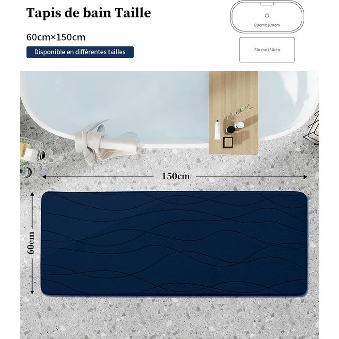 Килимок для ванної кімнати chakme з ефектом пам'яті (Memory Foam), протиковзкий та вбираючий підкладник під душ, 60x150 см, темно-синій