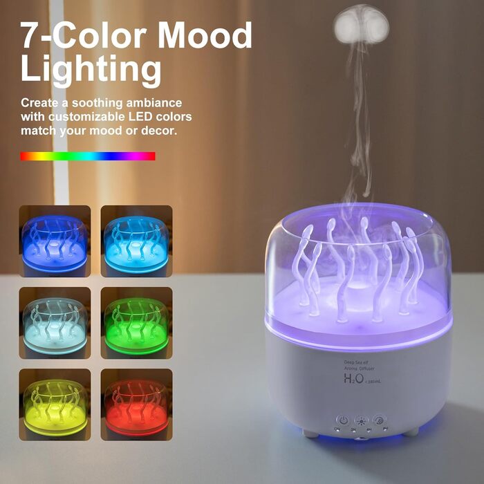 Аромадифузор та зволожувач повітря 280 мл з підсвіткою 7 кольорів, для спальні та рослин, 2 режими розпилення, таймер 2/4/8 годин, з пультом керування, обертовий, для дому