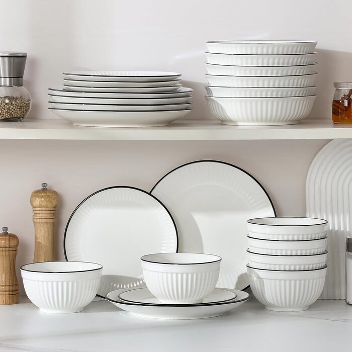 Набір посуду MALACASA LEILA для 6 осіб, 24 предмета: тарілки, миски, порцеляна, ручне рельєфне оформлення, підходить для мікрохвильової печі та посудомийної машини, білий з чорним контуром