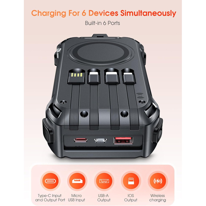 Портативний зарядний акумулятор 26800mAh з сонячною панеллю, 30W PD, 15W Wireless, 3 порти, ліхтарик, для телефонів та планшетів, чорний