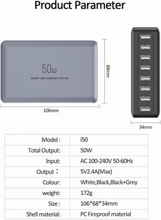 Зарядний пристрій USB 50W мережевий адаптер 8 портів для iPhone 15/14/13/12 Pro Max, iPad, Samsung, Google Pixel - Чорний