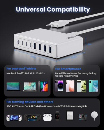 Мережевий адаптер USB-C 200W 8-в-1 GaN III з підтримкою QC4.0, PPS, PD 65W для MacBook Pro/Air, iPad, iPhone, Samsung, Steam Deck