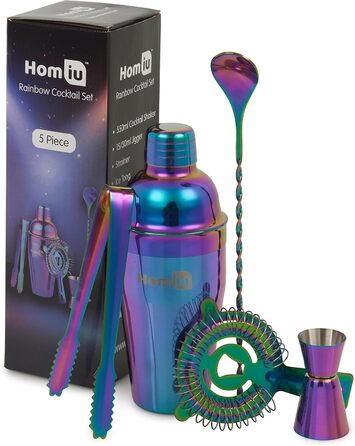 Homiu Stainless Steel Cocktail Shaker Set (550ml) with Rainbow Design, shimmering stainless steel, 5-piece: strainer, 2 jiggers (15/30ml)