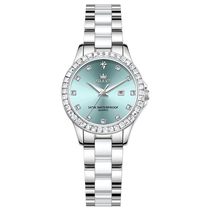 Годинник жіночий OLEVS з діамантами, елегантний, люкс, на зап'ястя, кварцовий, рожеве золото, скло керамічне (3651 Silver Blau)