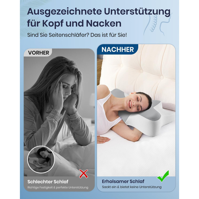 Подушка для шиї DONAMA з піни Memory Foam: ергономічна, з підлокітниками, охолоджуюча, 6 зон підтримки, для сну в будь-якій позі (сіро-біла, 66x37x13 см)