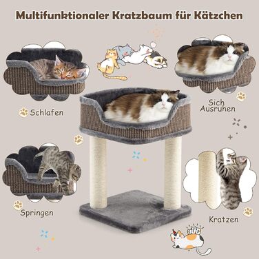 COSTWAY Cat Tree Small, Cat Tree with Large Plush Seat, Wooden Cat Scratching Post, Cat Cat Furniture Climbing Tree, Activity Tree Play Tree, Natural Sisal Tower with Scratching Posts (Gray)