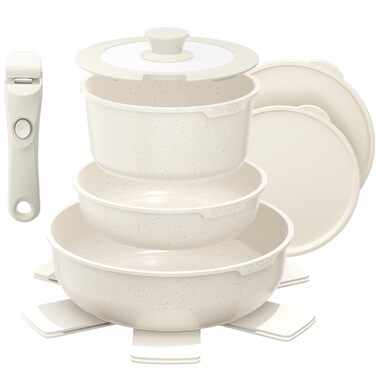 Набір каструль та сковорідок YASHE 9 шт. з антипригарним покриттям, білий, для всіх плит, сталевий, знімний ручка, сумісний з духовкою, економія місця