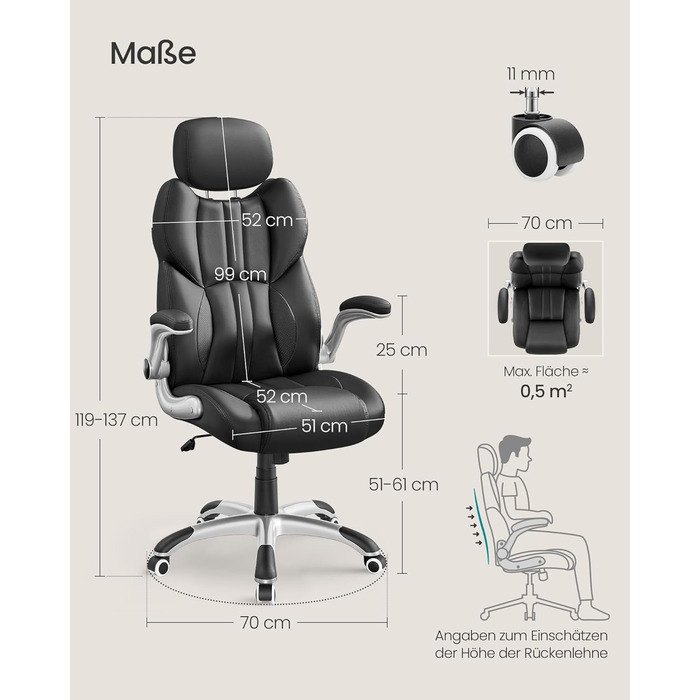 Крісло офісне SONGMICS, геймерське, регульована підголовник, функція гойдання, регульовані підлокітники, чорне, OBG65BK