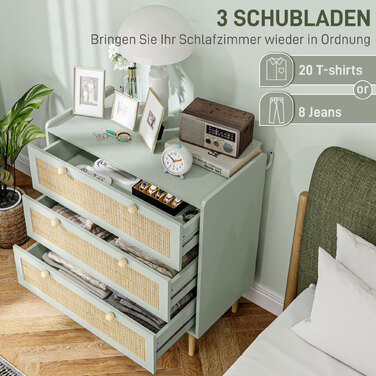 HOMCOM Bedside Table/Chest of Drawers with 3 Drawers, Sideboard with Boho Style, Rattan Look, Chest of Drawers for Living Room, Bedroom, Light Blue 80 x 40 x 87.5 cm | Aosom