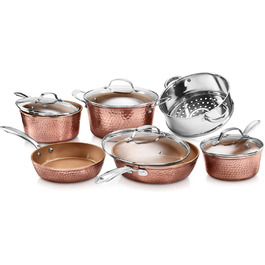 Сковорода Gotham Steel 30 см з антипригарним покриттям та кришкою, Hammered Copper Collection, преміум-алюмінієвий посуд з нержавіючими ручками, індукційна плита для рівномірного нагріву (набір посуду)