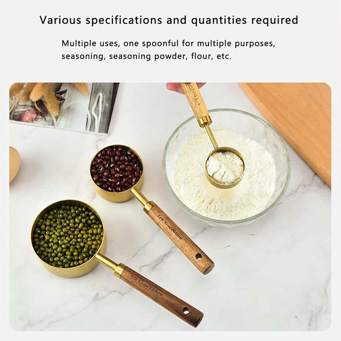 KOSDFOGE 8-Piece Stainless Steel Measuring Cup Set with Wooden Handle, Bartending Scale, Measuring Spoons, Baking Tool