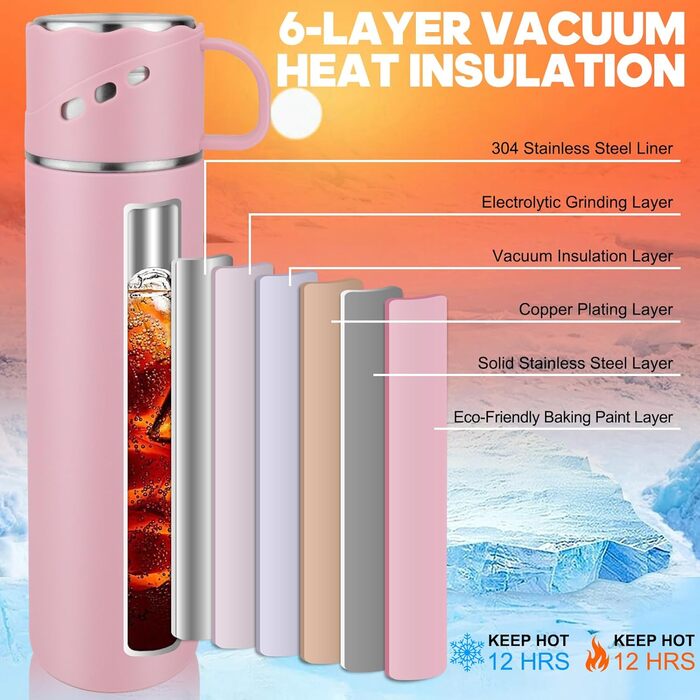 Термокружка-термос з нержавіючої сталі 550 мл, без витоку, з чашкою та ручкою, вакуумна термоізоляція 12 год гаряча / 12 год холодна, неслизька, для кави, спорту, роботи, школи, автомобіля (Рожева)