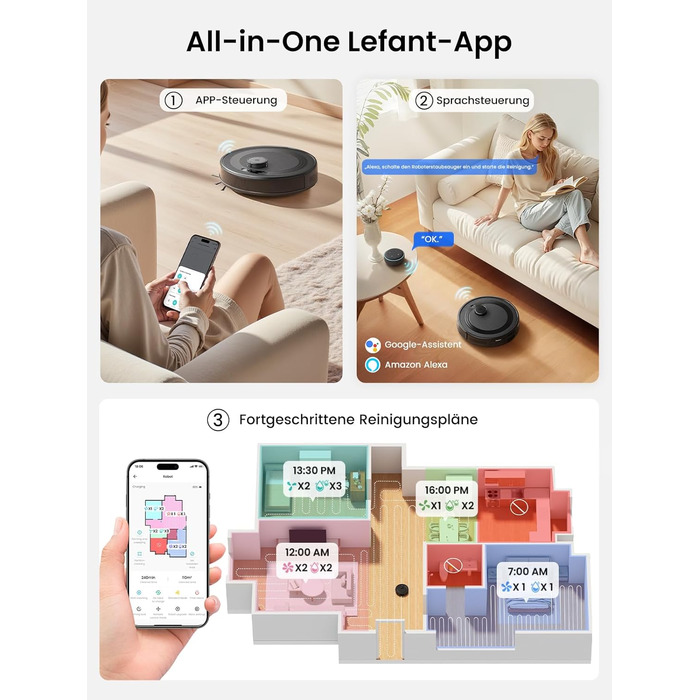 Робот-пилосос LEFANT M1 Pro: з картографією, функцією миття, 5500Pa, для тварин, керування через додаток/Alexa, білий/чорний