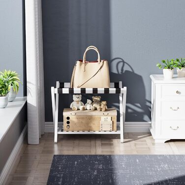 SMIBUY Luggage Rack, Folding Bamboo Suitcase Stand with Storage Shelves for Guest Room, Bedroom, Hotel, Heavy Duty (White)