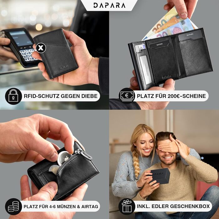 Чоловічий шкіряний гаманець DAPARA з відділенням для монет та RFID-захистом | Slim Wallet для чоловіків | Портмоне на 12 карт | Чорний міні-гаманець з відділенням для монет