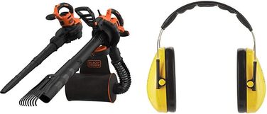 Електричний садовий пилосос-видувач Black+Decker 3000 Вт з подрібнювачем, рюкзаком-мішком 72 л, насадкою-граблями та захисними навушниками 3M Peltor Optime I (SNR 27, до 98 дБ)