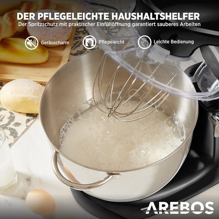 Arebos 1500W Stand Mixer with 6L Stainless Steel Bowl | Black | Includes Dough Hook, Whisk, Beater | Splash Guard | 6 Speed | Kitchen Mixer | Dough Machine