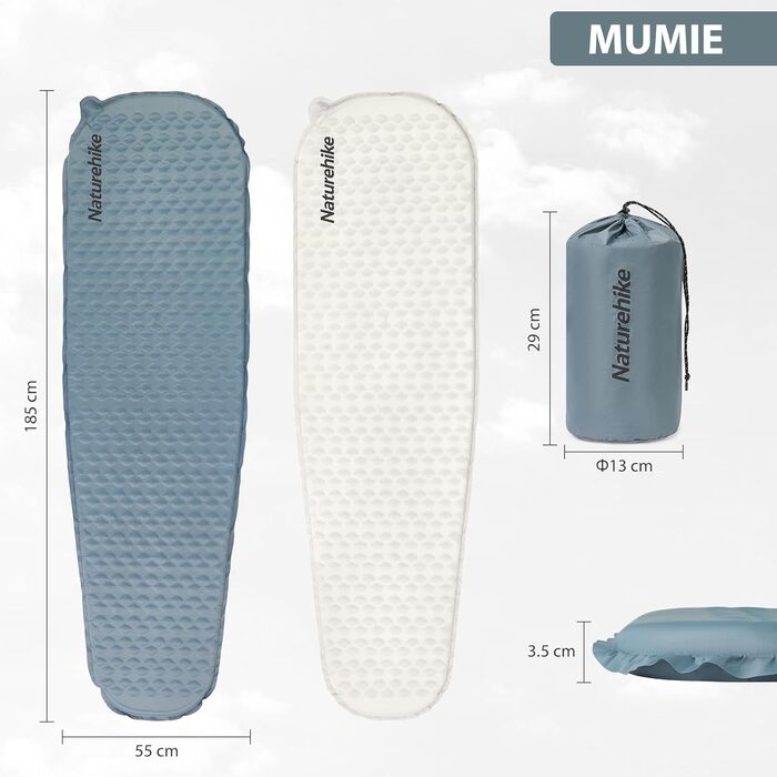 Кемпінговий килимок Naturehike надувний, самонадувний, 3 см, сірий (Mumie-Gray) - для кемпінгу, подорожей, автотуризму та піших прогулянок