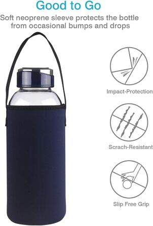 1.5 Liter / 1.5L Glass Drinking Bottle with Neoprene Sleeve 1500ml Borosilicate Glass Water Bottle with Stainless Steel Lid BPA Free Glass Bottle