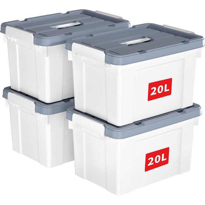 Cetomo Plastic Storage Box with Durable Lid and Safety Closure, Stackable and Nestable, 3-Pack White (20L * 4)