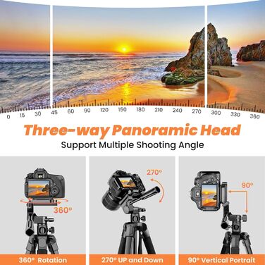 Штатив для камери та смартфона Nineigh, 190 см, з пусковим гачком, легкий алюмінієвий, з трьохсторонньою головкою, для iPhone/Samsung/Huawei/DSLR