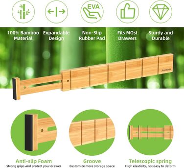 ANTOWIN 4 Pack Expandable Drawer Dividers, 5.7CM, extends from 43CM to 56CM, Drawer Organizers for Kitchen, Bedroom, Office, Bathroom (Natural)