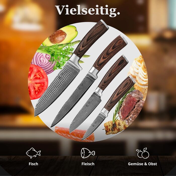 Набір кухонних ножів Wakoli EDIB Damast 4 шт. з 67 шарів дамаської сталі (VG10) з дерев'яною ручкою. Включає: Сантоку, Офісний ніж, Ніж для м'яса. У подарунковій коробці (без гравіювання, без підставки)