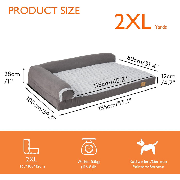 BingoPaw Ортопедичне ліжко для собак великих порід: м'яке, зручне, знімний чохол, легко мити. Ліжко-корзина для собак з пінополіуретановою матрацом, ковзаюча підкладка, сіре ліжко-софа XL 120x90x25 см (XXL: 135x100x28 см)