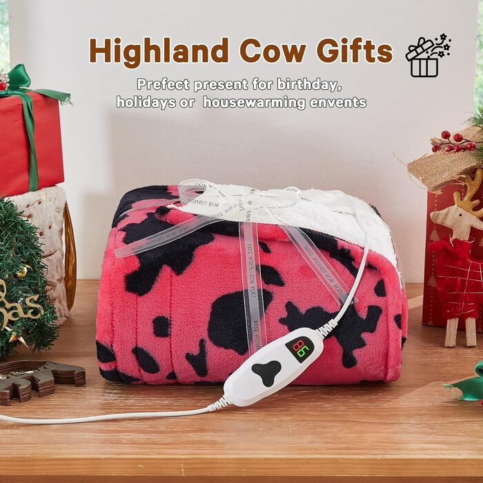 Електрична грілка з принтом корів, подвійний розмір 157x213 см, фіолетовий колір, 10 режимів нагріву, автоматичне вимкнення через 8 годин, флісова/шерпа, для жінок, подарунок