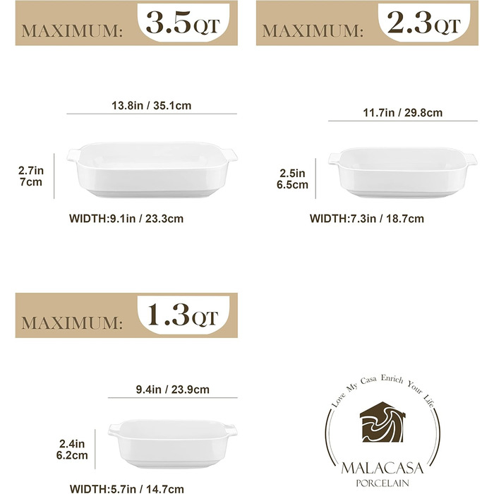 MALACASA Набір форм для запікання Bake.Bake, 3 шт. (порцеляна) - набір для випічки, каструль, тарілки, супові тарілки, білий