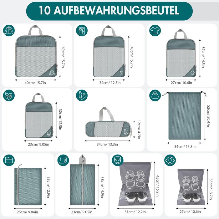 Органайзер для валізи, 9 шт. Комплект компресійних пакувальних кубів з чохлом для взуття, водонепроникні та дихаючі, сірі