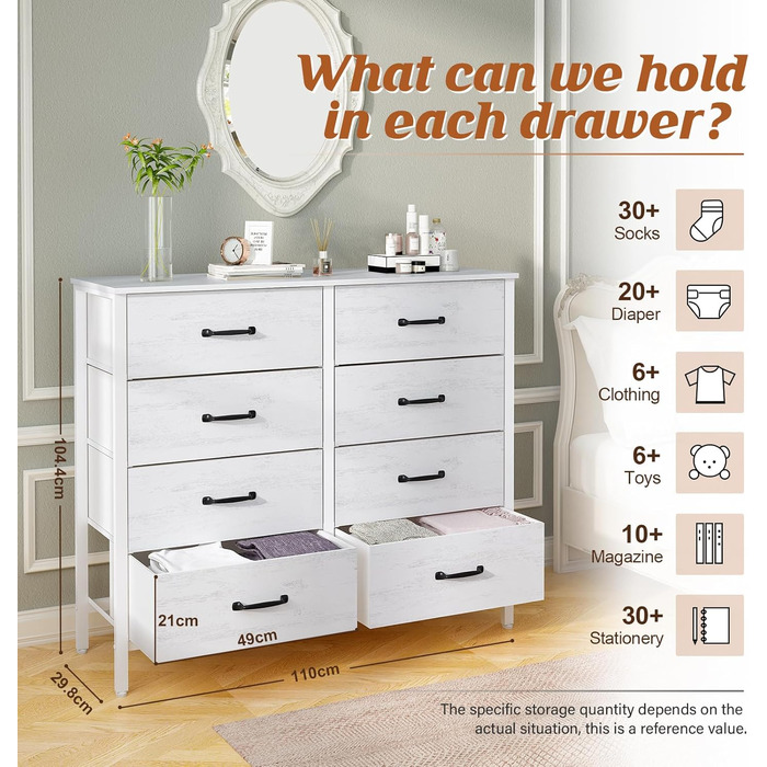 LYNCOHOME Chest of Drawers, Fabric Chest of Drawers, TV Stand Sideboard with 6 Fabric Drawers, Storage Cabinet Bedroom Drawer Chest Kitchen Organizers Furniture for Office Hallway (White-4*2l)