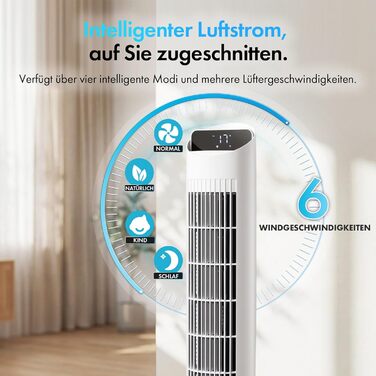 VonHaus Турмовентилятор 102 см, Електричний вентилятор зі WiFi, Управління Alexa/Google Home, Пульт, Таймер 12 год, Обертання 70°, для дому та офісу, Білий