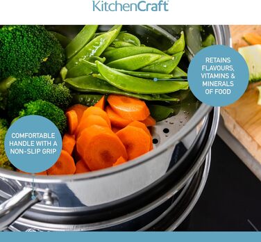 Набір каструль KitchenCraft 3 шт. з набором для приготування на пару, нержавіюча сталь, 16 см (6''), сріблястий, у подарунковій коробці