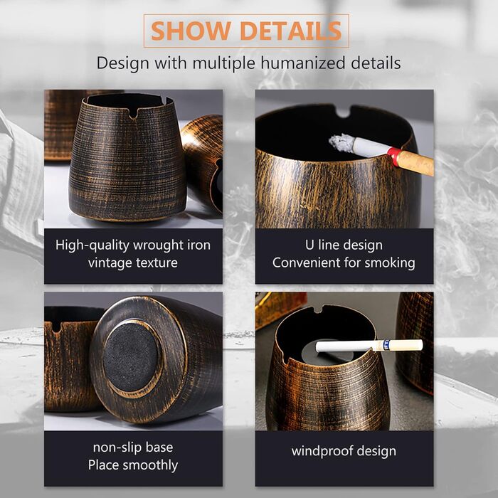 Стакан для сигарет з кришкою, для дому та вулиці, нержавіюча сталь, вітрозахисний, для садового, барного, офісного використання (компактний)