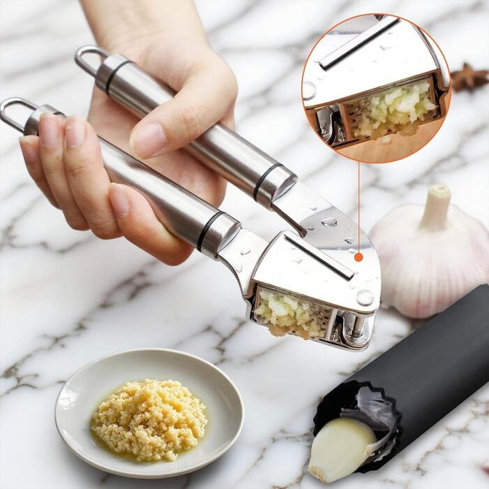 Прес для часнику з нержавіючої сталі Premium – 3 шт. (з очищувачем, щіткою для чищення, легко миється) для часнику та імбиру