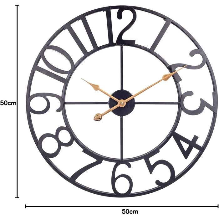 Large European Industrial Vintage Wall Clock with Roman Numerals, Silent No Ticking Sounds Metal Wall Clock, Decorative Wall Clock for Living Room, Kitchen, Bedroom - (Black Arabic, 50cm)