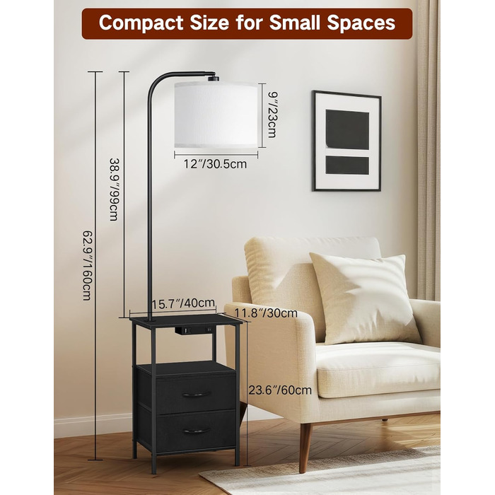 Стельова лампа для вітальні з тумбою та полицею, регульована LED, з пультом, 3 колірні температури, приліжкова тумба з зарядкою та полицею, дерев'яний столик для спальні/офісу (чорний з шухлядами)