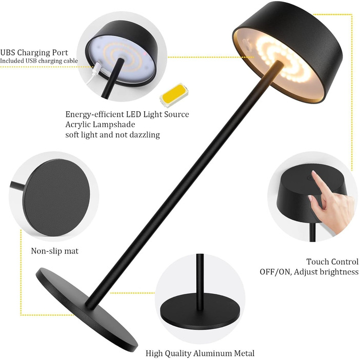 Акумуляторна LED настільна лампа Klighten з димером, сенсорна, металева (алюміній), IP54, тепле світло 3000K, антрацит