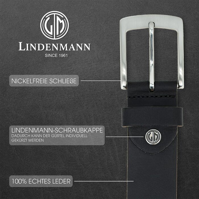 Чоловічий шкіряний ремінь Lindenmann, ширина 40 мм, повноецінна шкіра, чорний колір, розмір 95 см, довжина 110 см