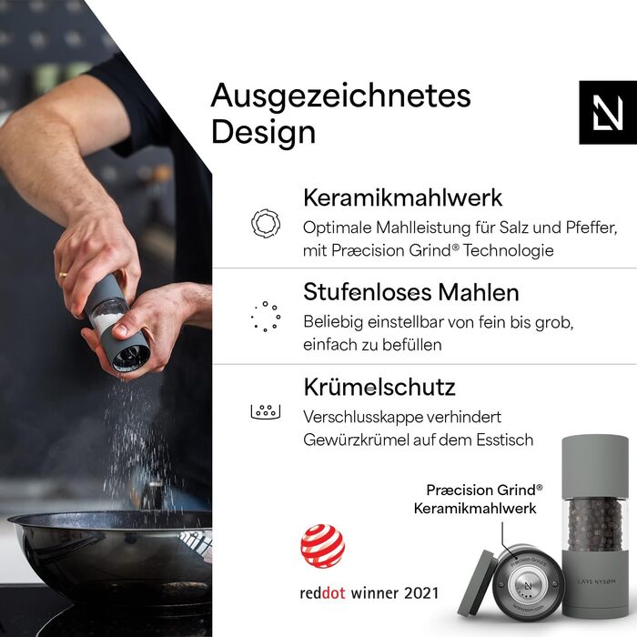 Набір для солі та перцю Lars Nysøm з нержавіючої сталі з регульованою керамічною жорна | 2 шт. (Ash Gray)