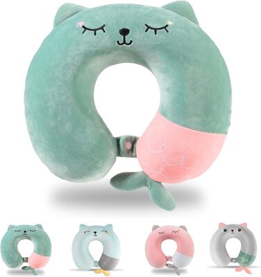 Подушка для шиї дитяча та доросла, у вигляді тваринки, 33x30 см, Memory Foam, для подорожей, літака (зелена)